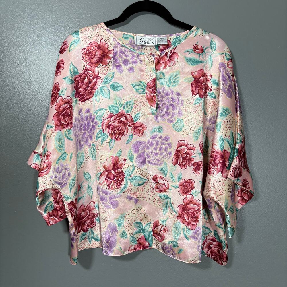 J.O. Intimates Women's Vintage Satin Pink Floral Sleep Shirt - Medium - 1990's